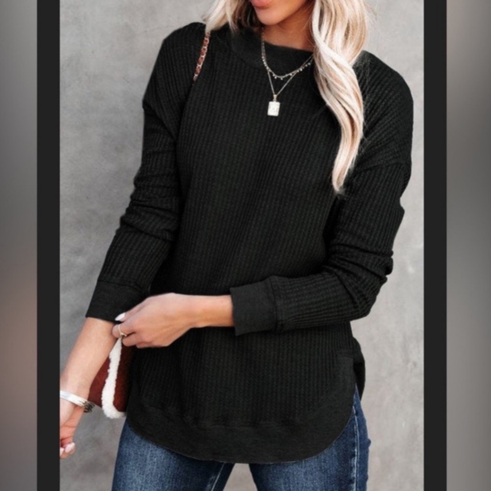 Black Waffle Weave L.S. Top